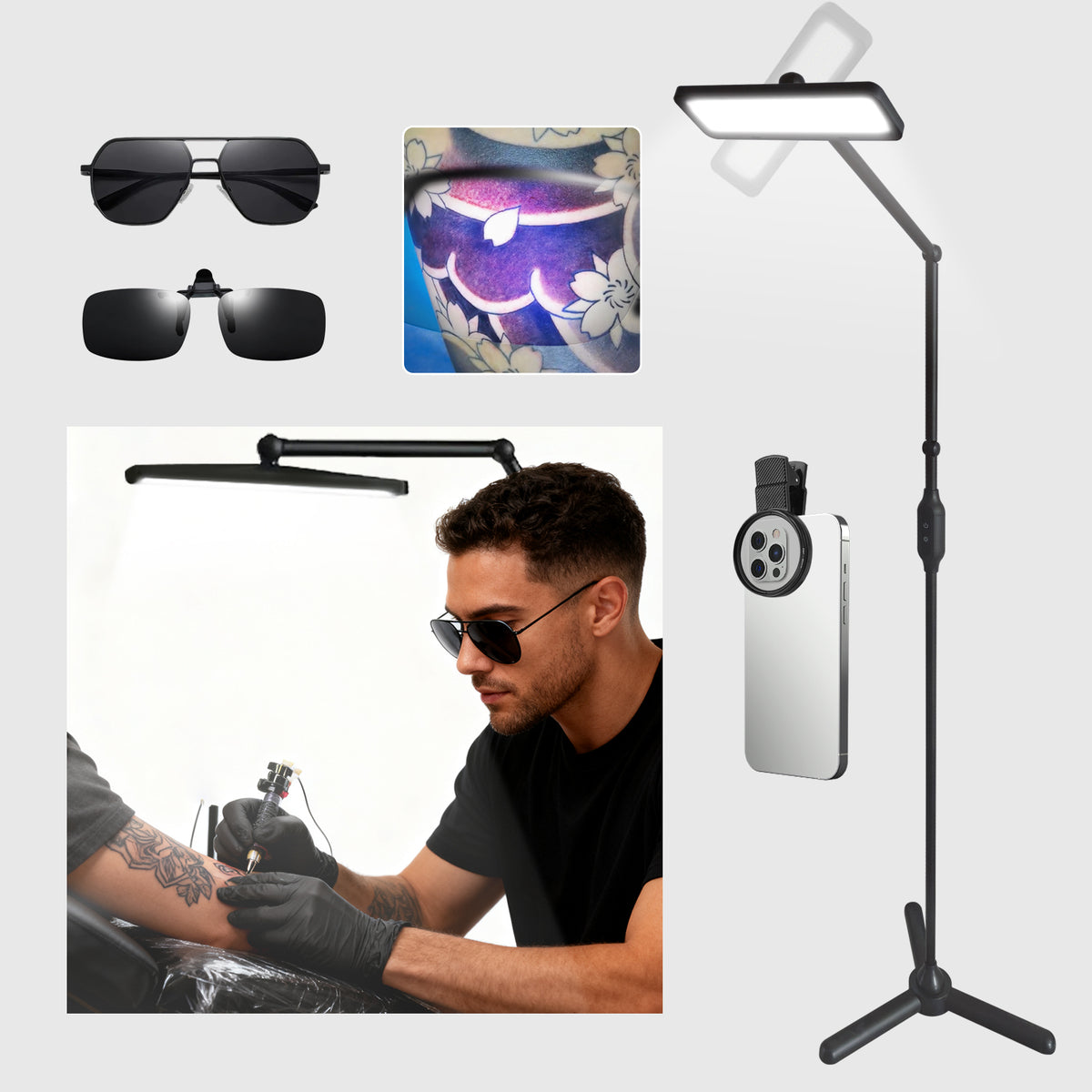 Tattoo shading pro Tattoo Lights With Stand,Polarized LED Tattoo Work Light With Tattoo Vision Lenses& 52mm Cpl, Adjustable Standing Lamp for Tattoo Artist, Tattoo Studio, Office,Bedroom